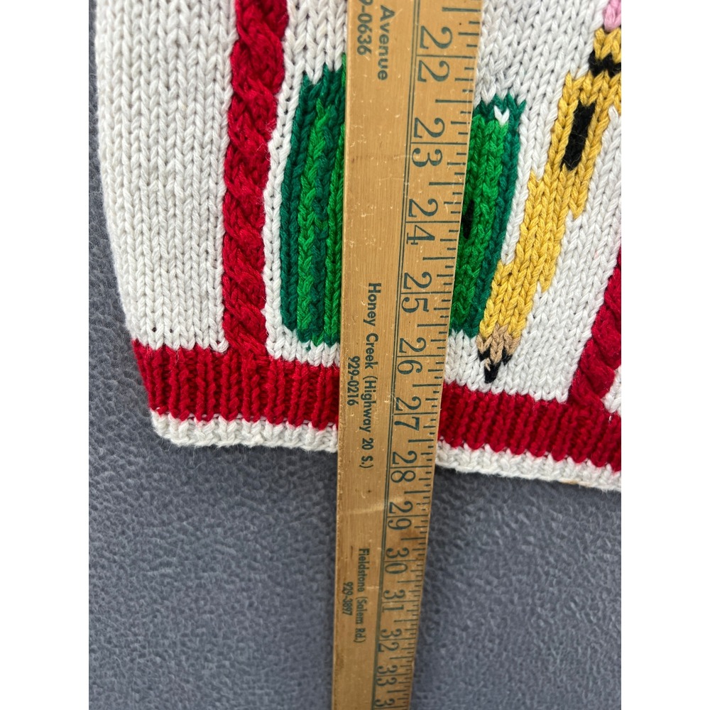 Vintage The Eagle's Eye Hand Knit Teacher School Cardigan Sweater Cream Red 1993 - Picture 10 of 16